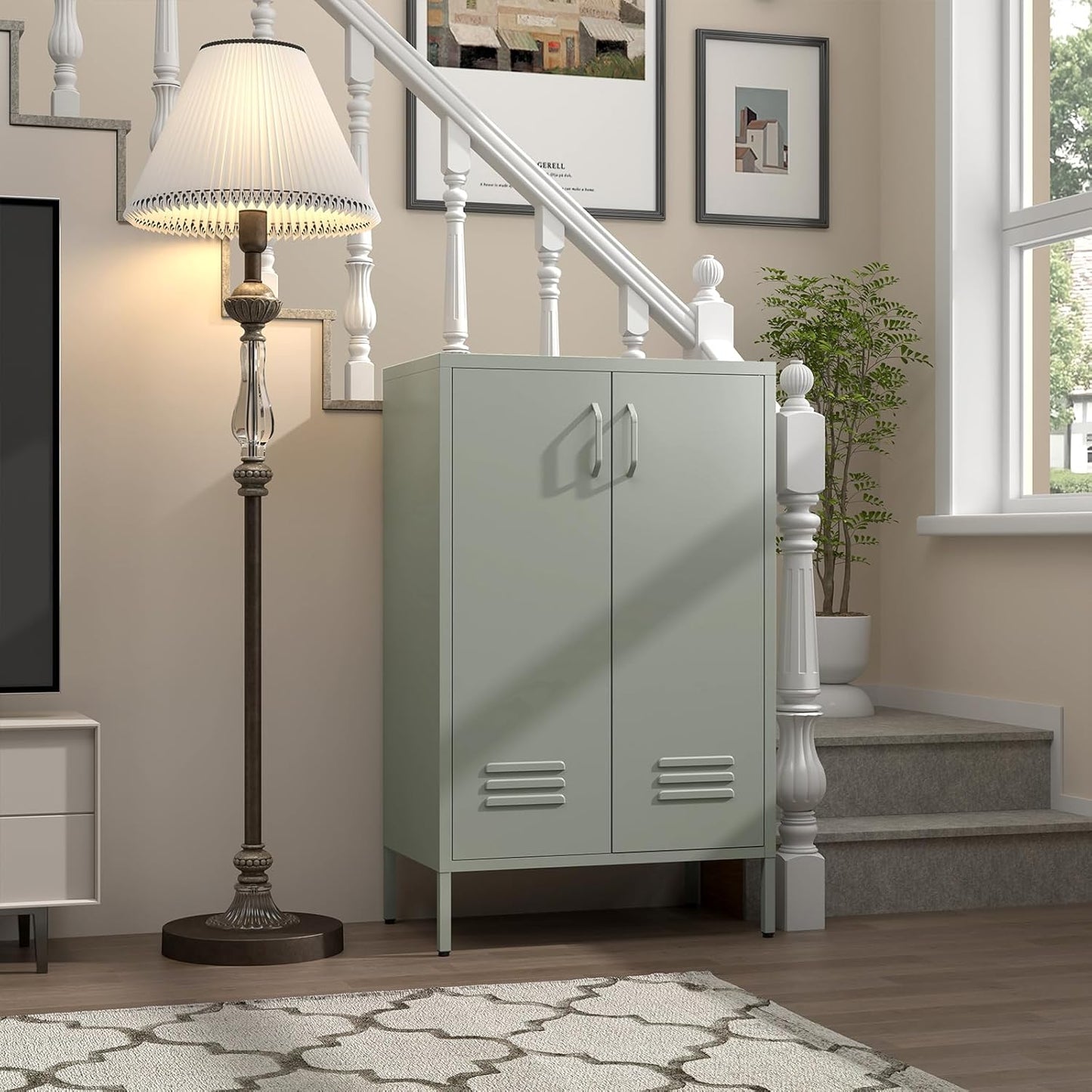 Metal Cabinet,Entryway Cabinet with Adjustable Shelves,Metal Storage Cabinet for Classroom,Living Room,Kitchen,Outdoor,Grey Green