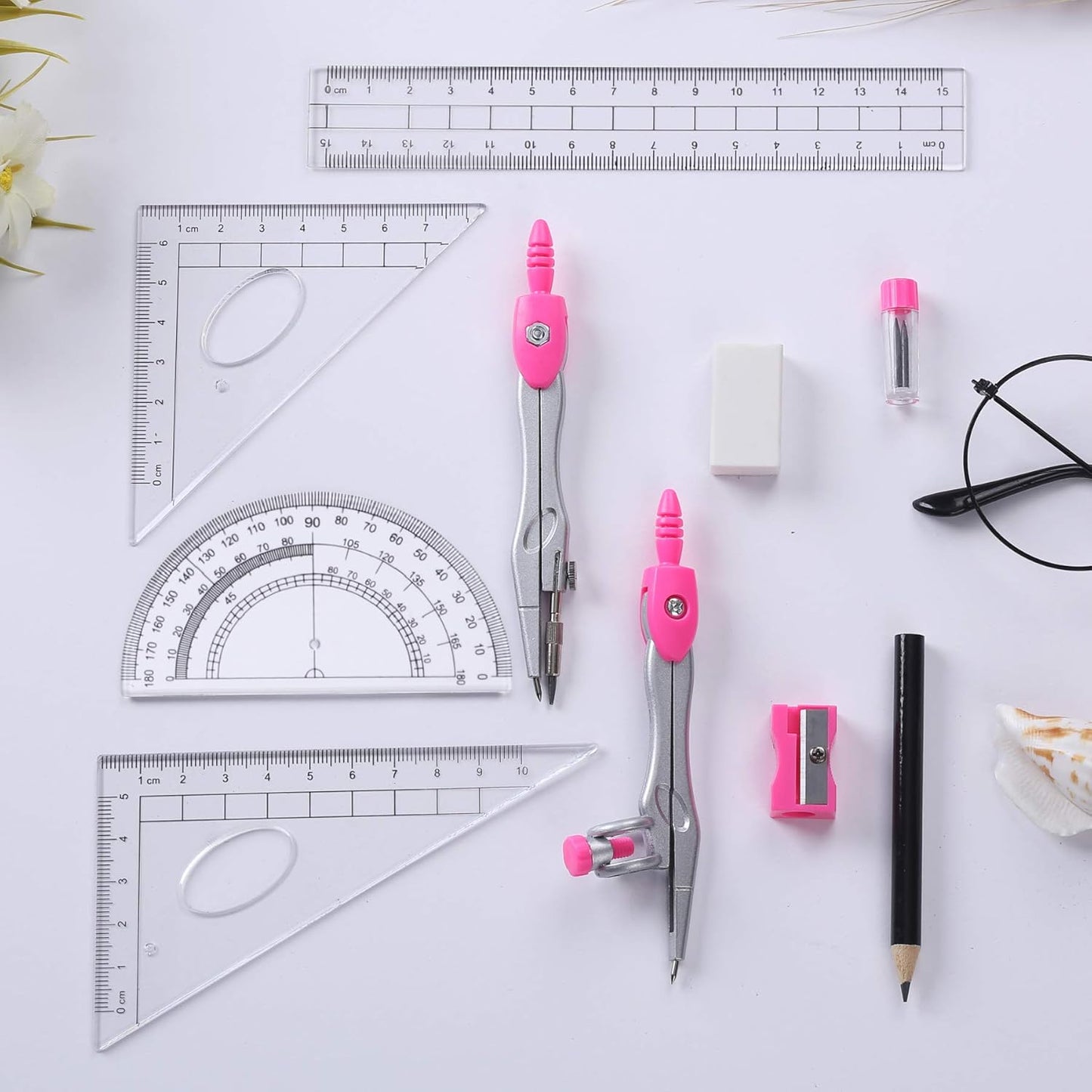 Math Geometry Kit Sets 10 Piece Student Supplies with Shatterproof Storage Box,Includes Rulers,Protractor,Compass,Eraser,Pencil Sharpener,Lead Refills,Pencil,for Drafting(Pink）