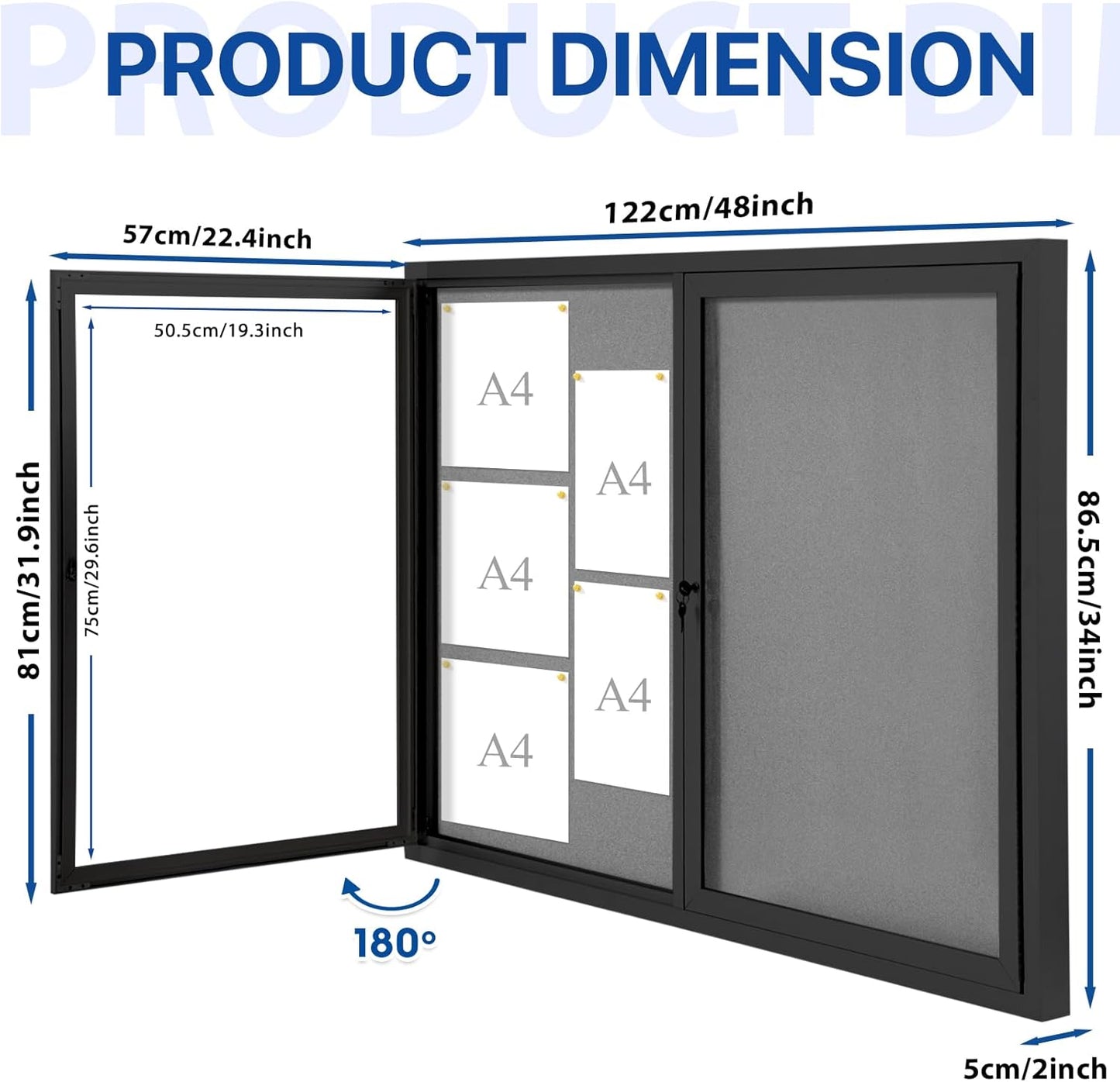 SWANCROWN Enclosed Bulletin Board 48x36in, Outdoor Bulletin Board Weatherproof for Office School Commerce, Grey Felt, Black Aluminum Frame