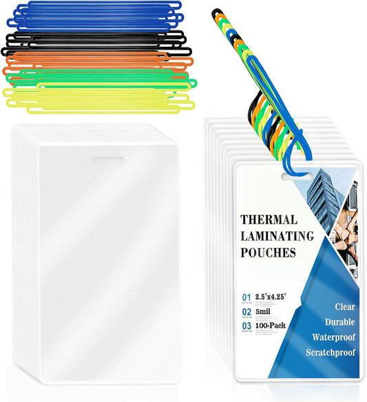 100 Pack 5 Mil Laminating Pouch with Colorful Loop 2 1/2" x 4 1/4" Luggage Tag Laminating Pouches with Slot Hole Thermal Laminate Pouch Tags Kit Resealable for Work Permits Pass Cards Student ID Cards
