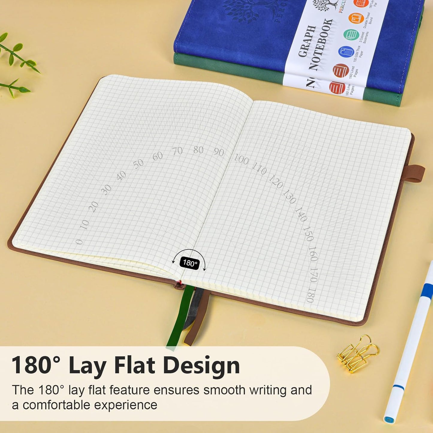 PERCUN Graph Paper Notebook, 160 Pages Grid Journal for women & men, A5 Hardcover Leather Graphing Notebook for School, Work, Travel, Note Taking 5.9”x8.5” (Brown)