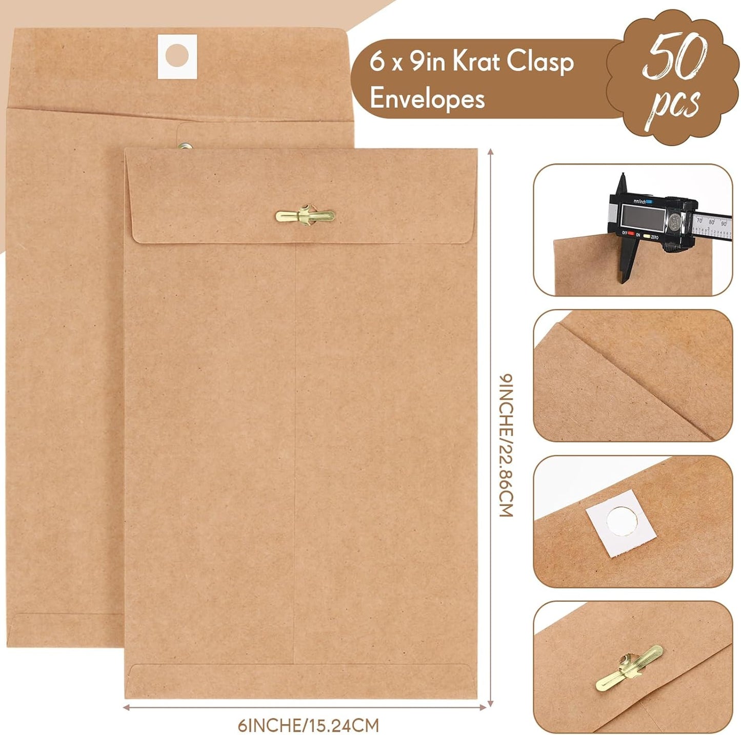 Teling 50 Pcs Manilla Envelopes Clasp Kraft Catalog with Closure for Storing Mailing 28 lb Kraft Envelope Paper for Office Document School Business Home(Brown,6 * 9)