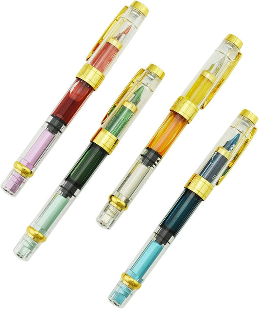 Lanxivi 4 PCS Yongsheng 3008 Piston Fountain Pen Fine Nib Transparent Diversity Color Gold Trim Set