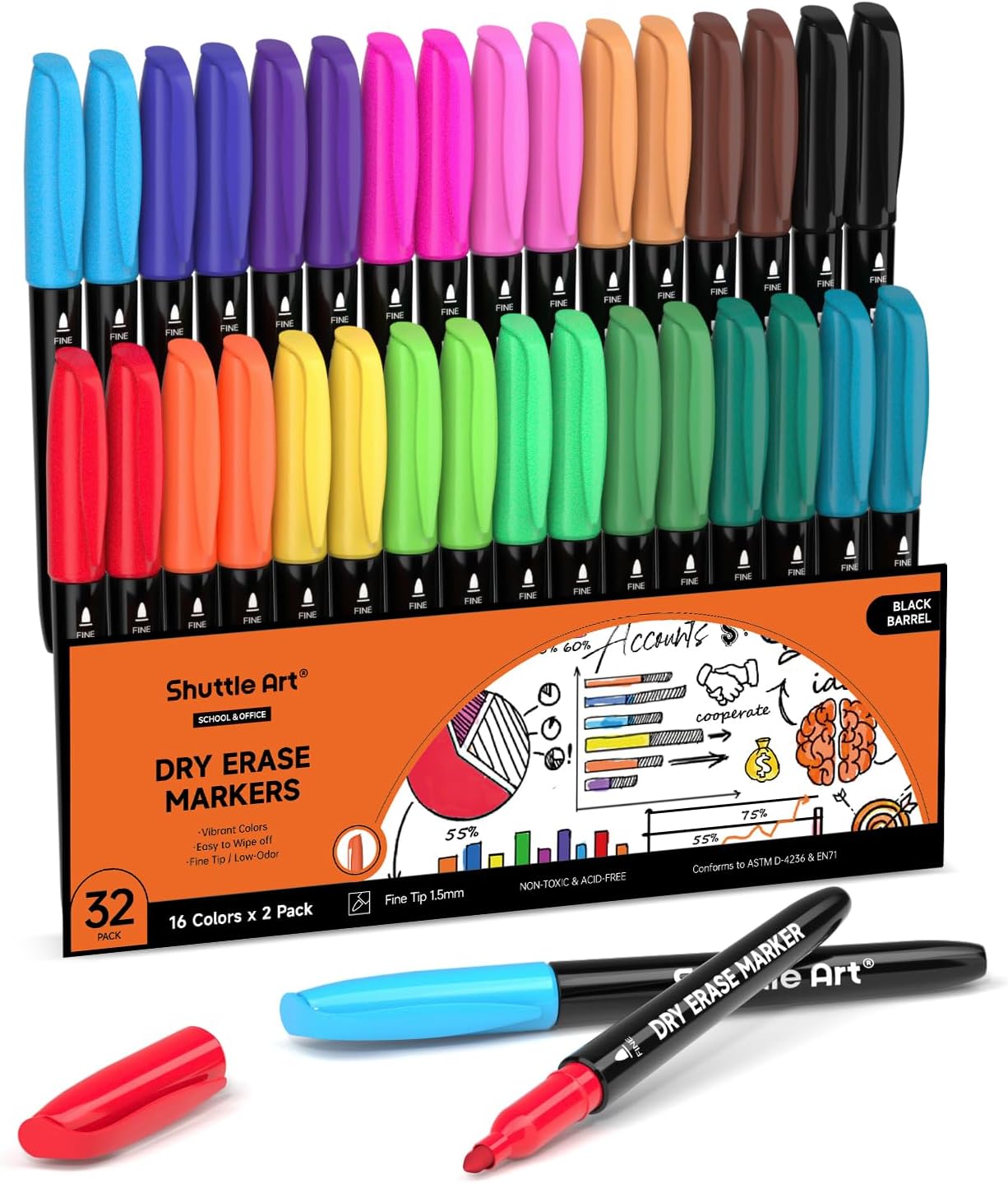 Shuttle Art Dry Erase Markers, 32 Pack 16 Colors Whiteboard Markers,Fine Tip Dry Erase Markers for Kids,Perfect For Writing on Whiteboards,Dry-Erase Boards,Mirrors,Calender,School Office Supplies