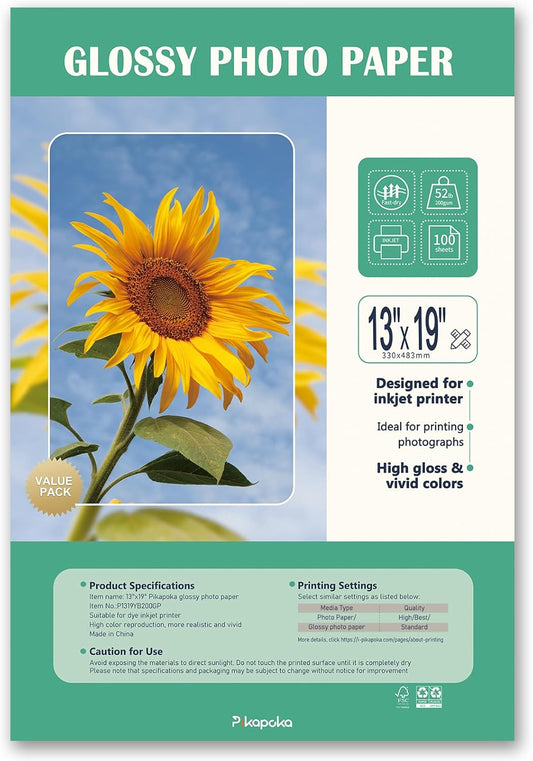 13x19 Glossy Photo Paper for Inkjet Printer, A3+ Big Photo Paper, Super B Size Full Sheet, 100 Pack, 200gsm/52lb,