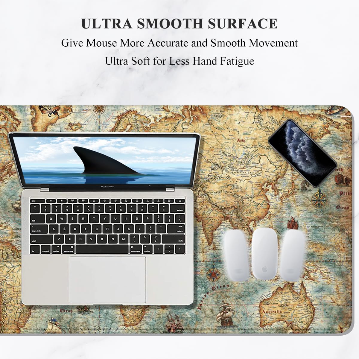 Auhoahsil Large Mouse Pad, XXL Gaming Mousepad, Desk Mat for Desktop, Thick Rubber, Big & Long Size, Stitched Edges, Full Desk Pad for Laptop & Computer, Extended 31.5 x 11.8 in, Vintage World Map