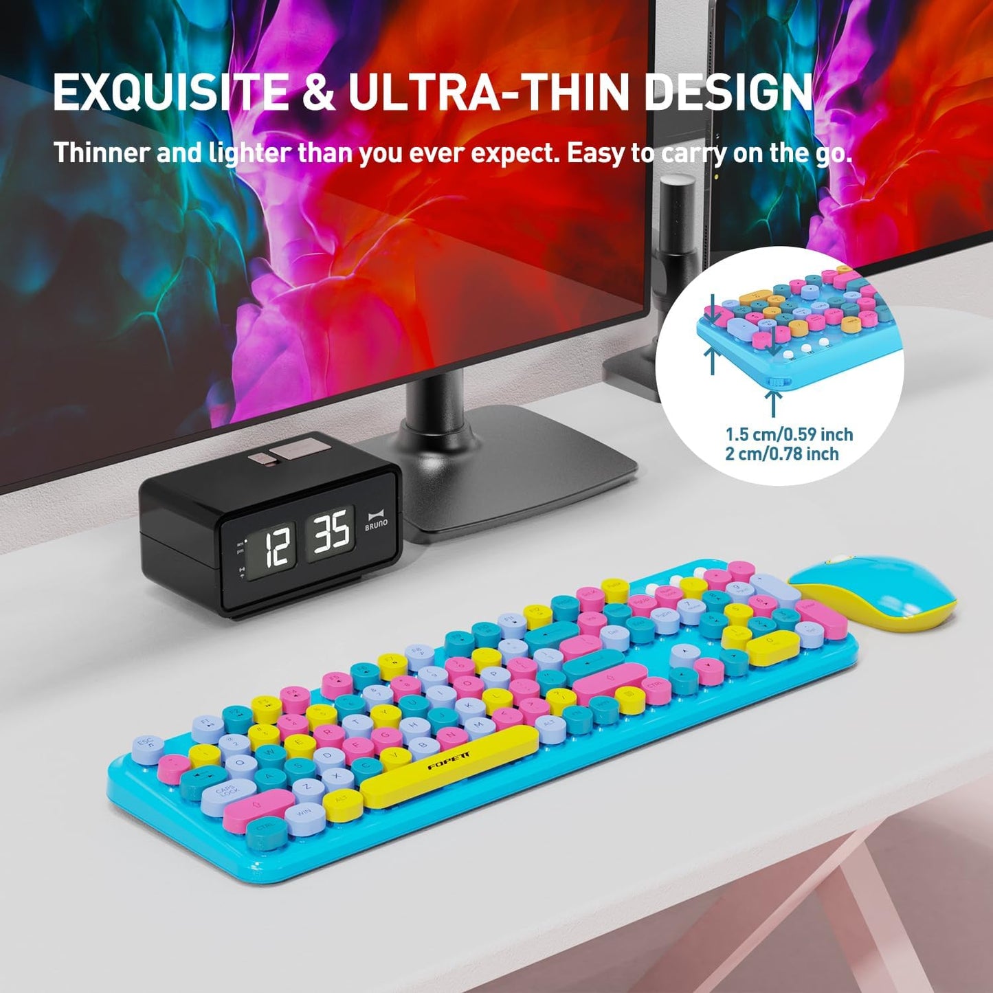 Keyboard and Mouse Wireless,Cute Retro Wireless Keyboard Mouse Combo with Round Key,2.4Ghz Dropout-Free Connection,Typewriter Wireless Keyboard Mouse Set for PC Laptop Desktop Computer-Blue Colorful