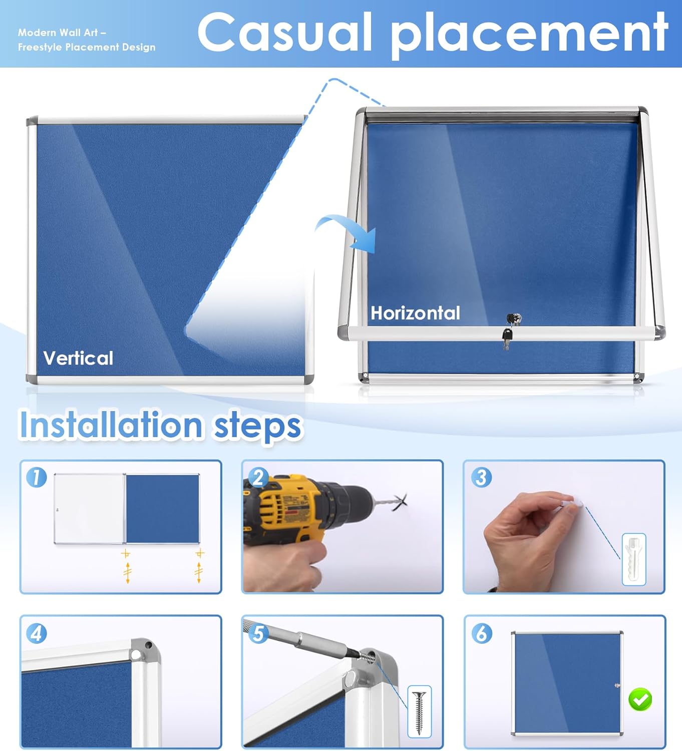 Swansea Blue Fabric Lockable Noticeboard Enclosed Pin Bulletin Board Glass Display Case for Wall Office School 6xA4