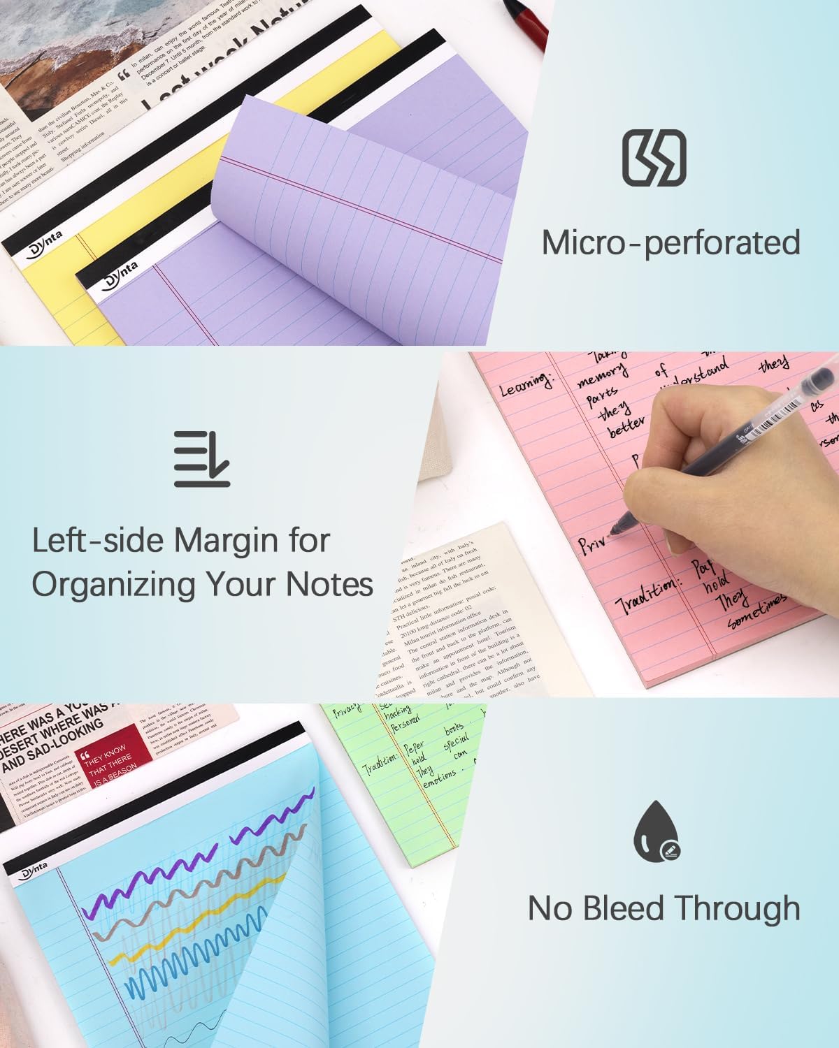 Dynta Note Pads Legal Pads 8.5 x 11 Colored Paper 6 Packs, Wide Ruled Notepad 45 Sheets/90 Pages Micro Perforated, Lined Notepads for Writing Note-taking Meeting, 6 Assorted Colors