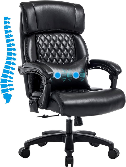 Lumbar Massage Office Chair, 500LBS Big and Tall Office Chair, Heavy Duty Ergonomic Executive Reclining Chair with High Back and Lumbar Support, Black