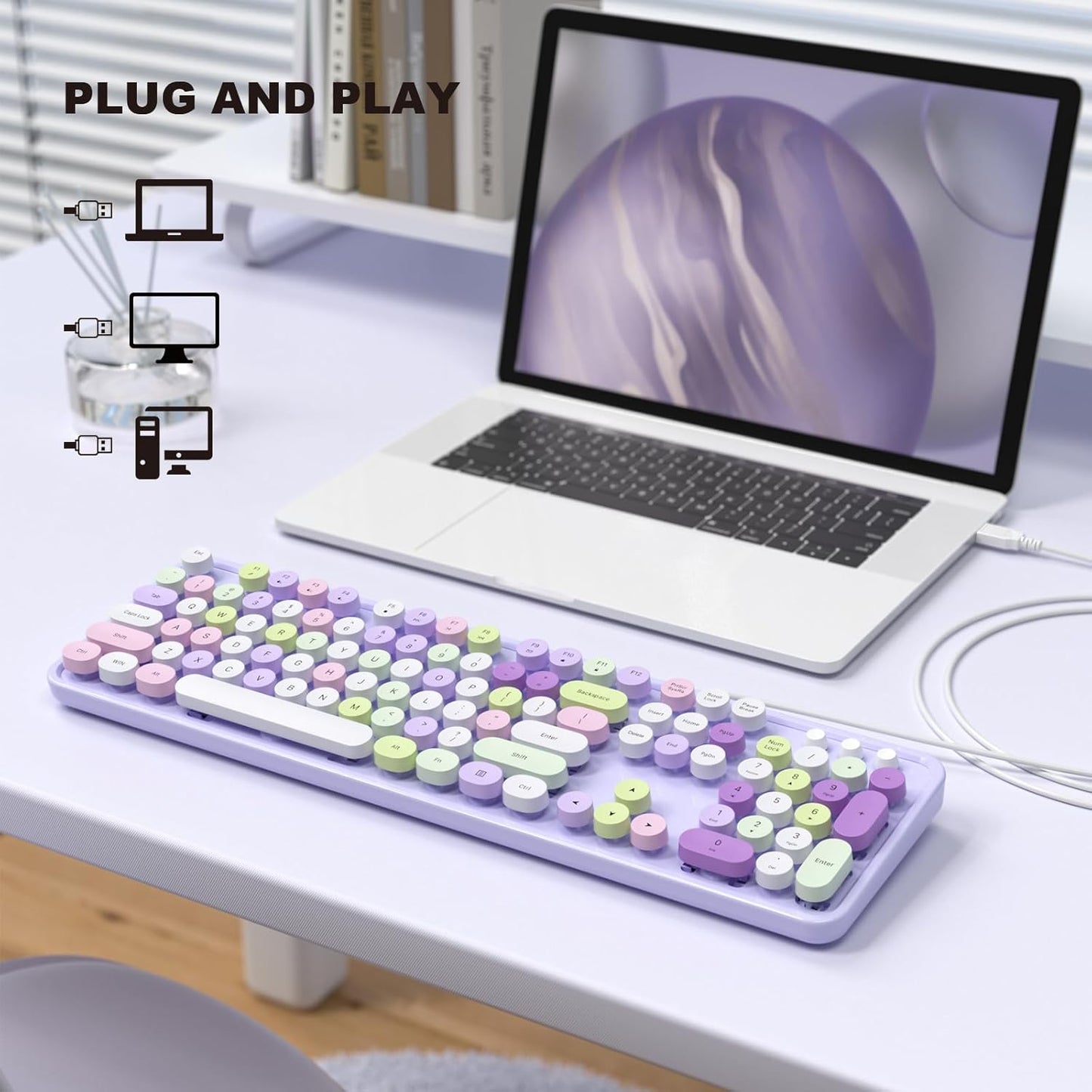 MOFII Colorful Computer Keyboard Wired, Cute Full Size Keyboard Typewriter Style, USB Keyboard with Foldable Stands for Windows, Laptop, Desktop, PC (Purple Colorful)