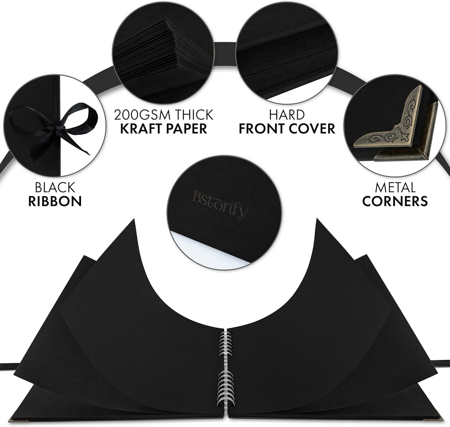 Bstorify 10 x 10 Inches Scrapbook Album 70 Pages Black Thick Kraft Paper Corner Protectors, Ribbon Closure - Ideal for Your Scrapbooking, Art & Craft Projects (Black, 10 x 10 Inch)