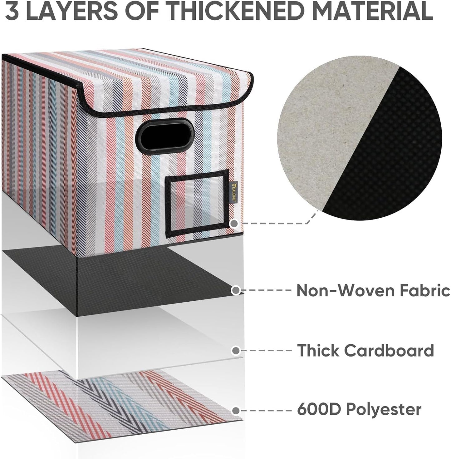 BALEINE File Organizer Box with Lid, Collapsible File Folder Organizer with Plastic Slide, Hanging File Folder Box for Office Document Storage (2 Pack, Color Stripe)