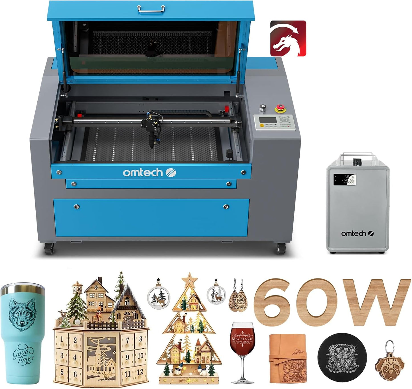 OMTech 60W CO2 Laser Engraver with LightBurn and Water Chiller, 16"x24" Laser Engraving Cutting Machine with Air Assist 2 Way Pass Digital Controls, Commercial Laser Cutter