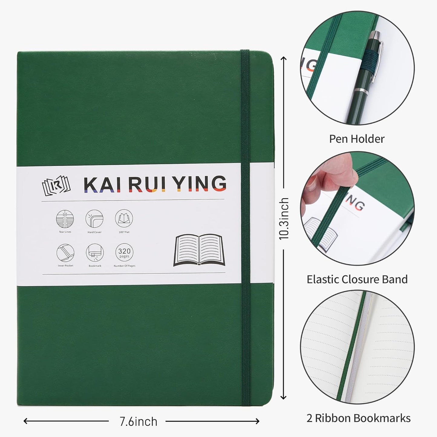 KaiRuiYing Lined Journal Notebook with Pen Holder, 320 Pages, 7.6'' × 10.3'' Large Size B5-100 GSM Thick Paper, for Writing, Work, Office, Leather Hardcover