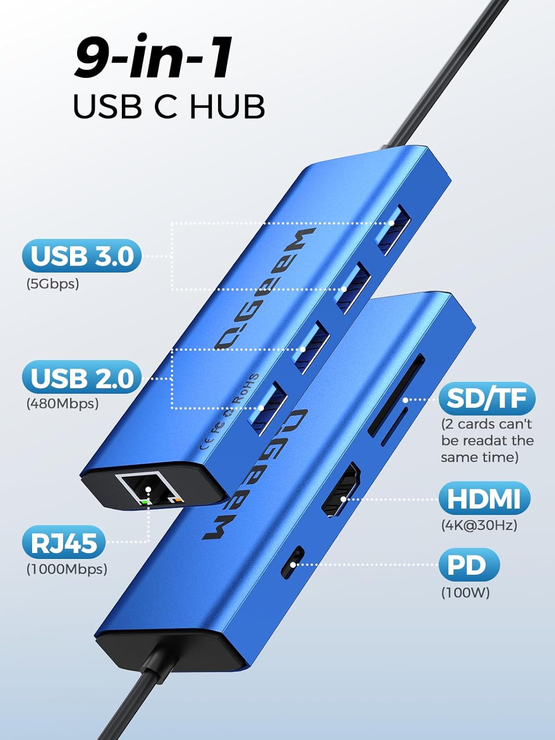 QGeeM USB C Hub Ethernet,9 in 1 USB Type C Hub HDMI Multi-Port Converter Adapter,100W Pd, USB 3.0,SD/TF Card Reader,Compatible for MacBook Pro Air Ipad HP Dell Lenovo Chromebook etc.-Blue