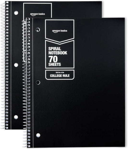 Amazon Basics College Ruled Spiral Notebook, 70 Sheets, 7-1/2" x 10-1/2", Black, 2 pack