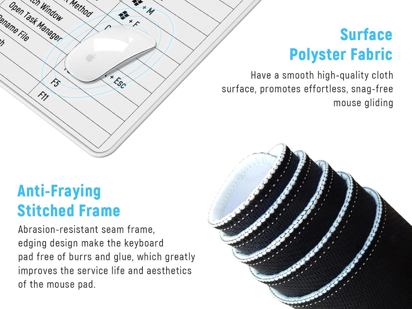 JIALONG Large Gaming Mouse Pad Extra XXL 35.4x15.75 inches Thick Extended Desk Pad Ergonomic Computer Keyboard Pad Mat for MacBook, PC, Laptop, Office Home White Excel Shortcuts