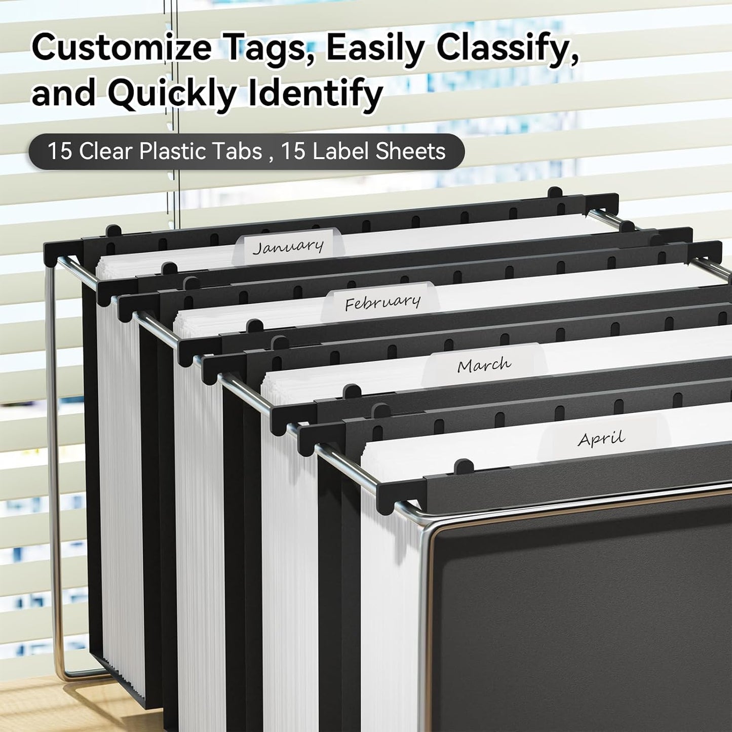 ANSOOK Plastic Hanging File Folders Letter Size, 3 Inch Reinforce Expanding File Folder,12 Pack Black Folders,File Cabinet Folders with Insertable Tabs,Accordion File Organizer for Office Home School