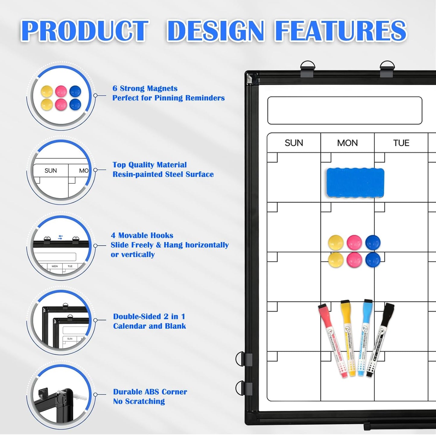 Monthly Calendar Dry Erase Whiteboard, 36" x 24" Magnetic Calendar White Board, Double-Sided Portable Board with Black Aluminium Frame for Office, Kitchen, School, Home