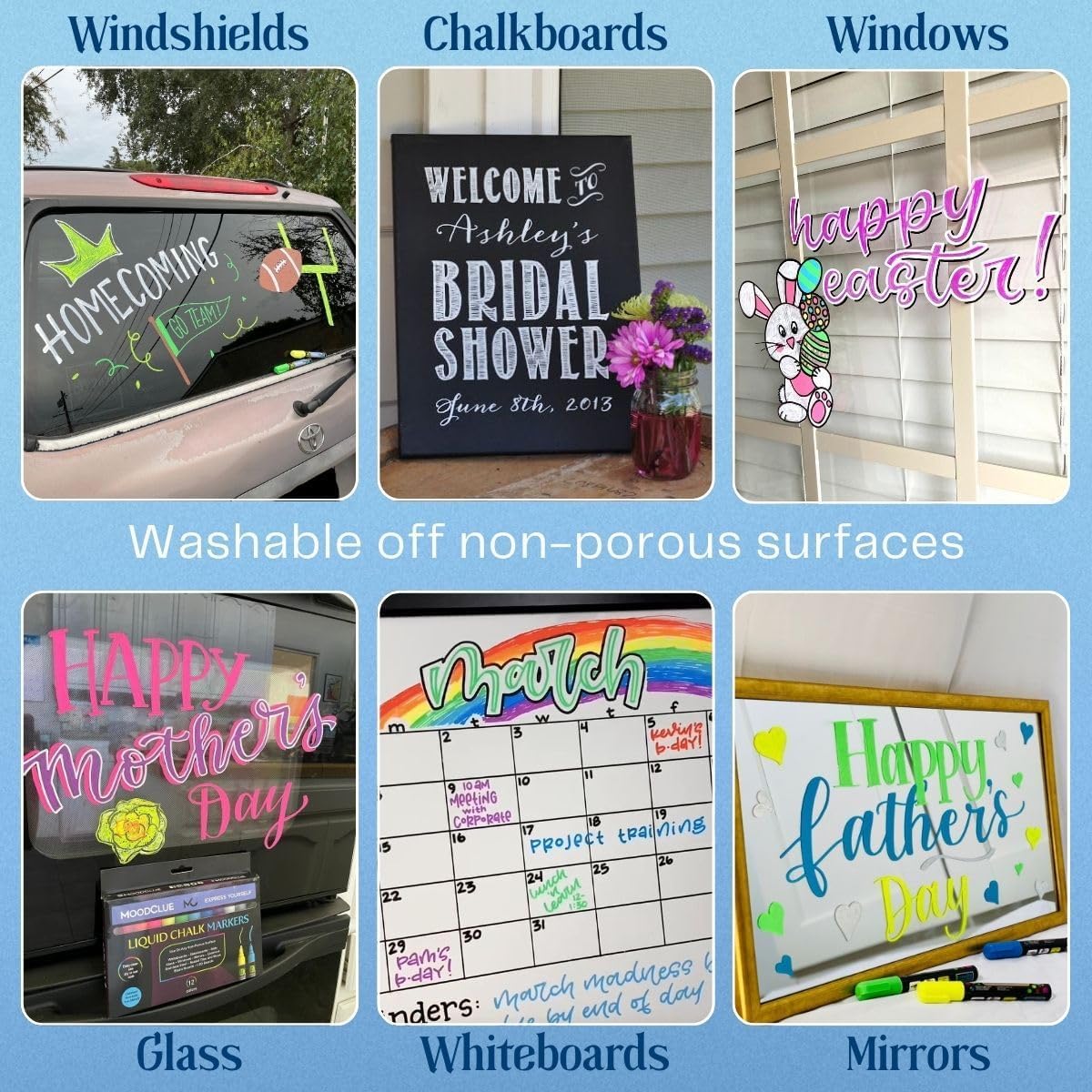 Liquid chalk markers washable, erasable, dry or wet erase. 6 neon markers for whiteboards, glass boards, mirrors, chalkboards, windows, car windshields, glass. Non-toxic, reverse tip pens