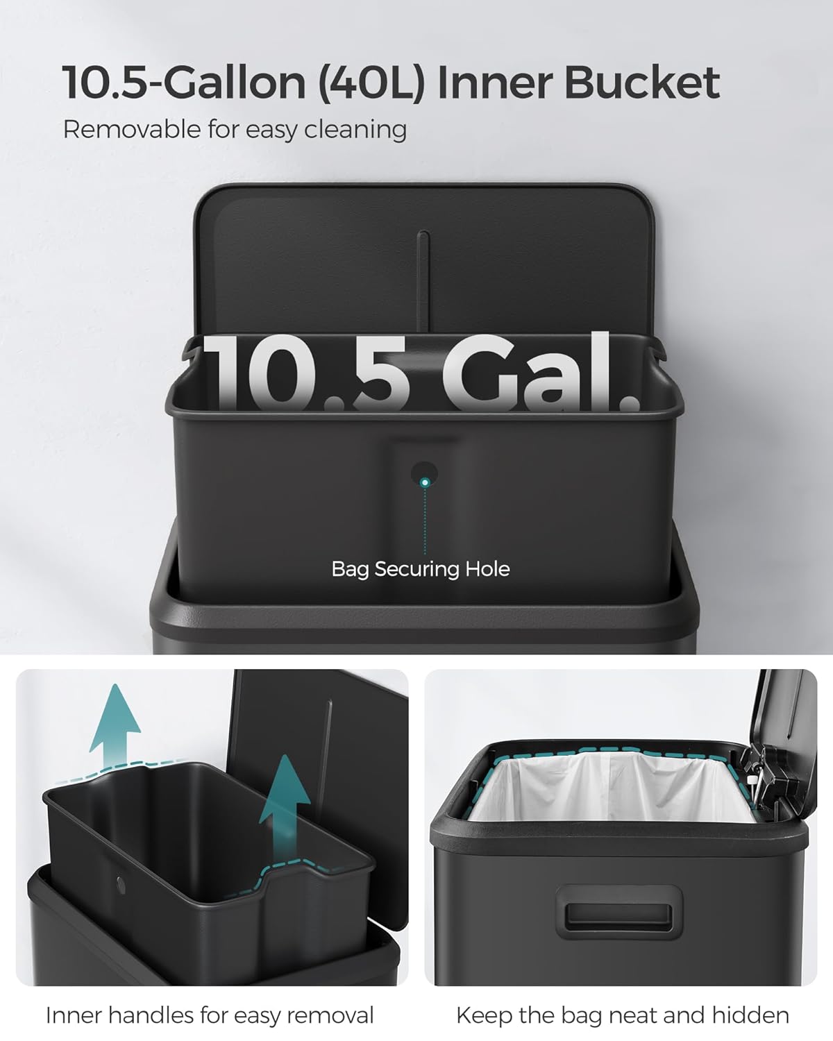 SONGMICS Kitchen Trash Can, 10.5-Gallon (40L) Garbage Can with Lid and Wide Foot Pedal, Soft Close and Stays Open, Black ULTB541B40