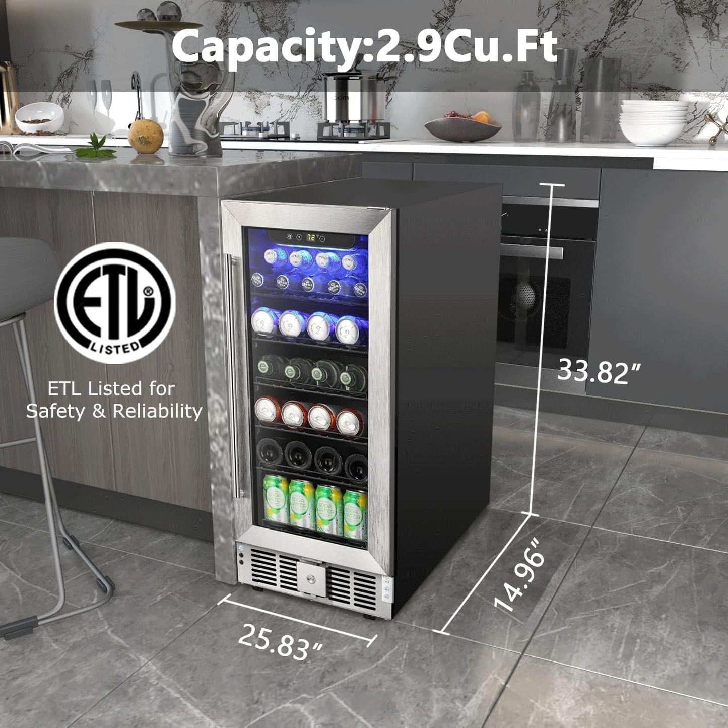 COWSAR Wine Fridge 15inch Beverage Refrigerator 2.9 Cu.Ft. Freestanding or Under Counter Cooler Stainless Steel Beer Fridge Mini ETL Approved