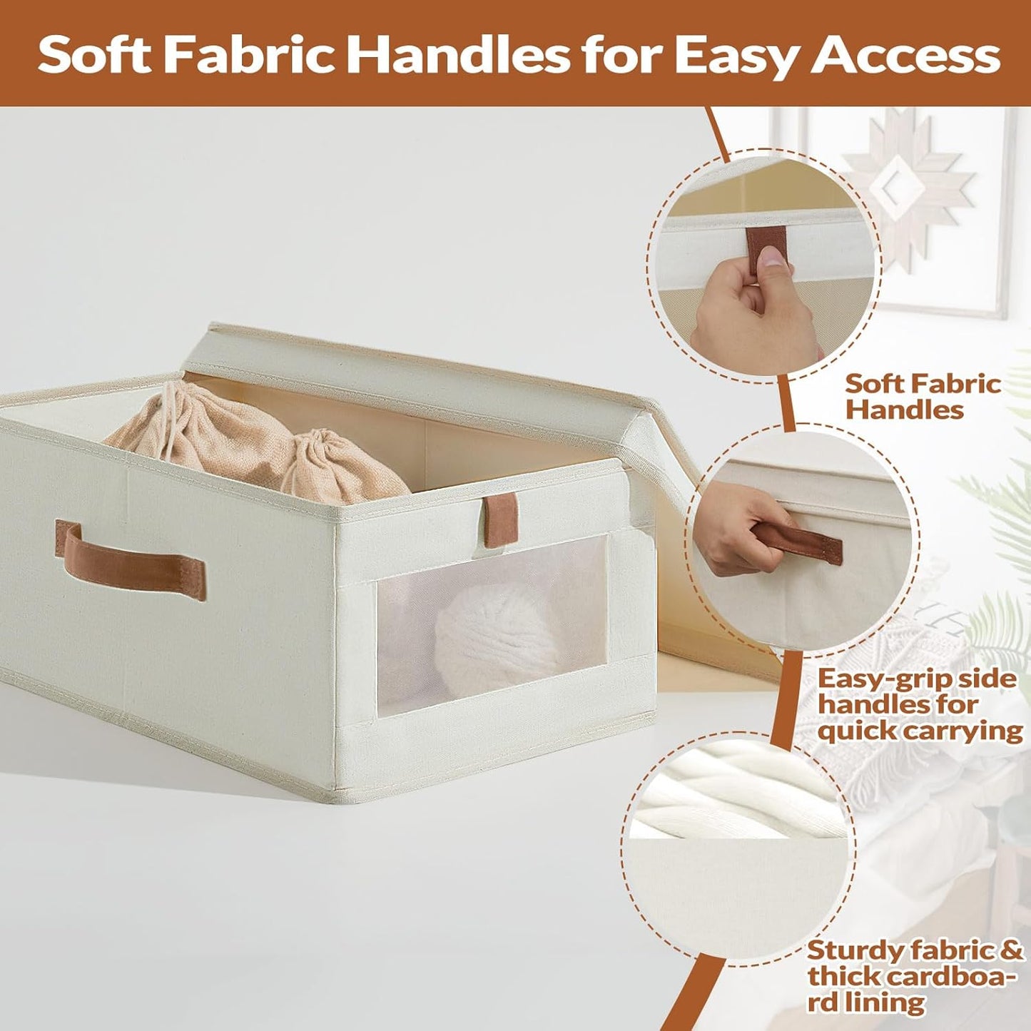 Fabric Storage Bins with Lids, Collapsible Closet Organizer with Sturdy Handles, Clear View Window, Stackable Storage Baskets for Clothes, Towels, Books, Hand Pull Closet Organizer Boxes-2-Pack, Beige