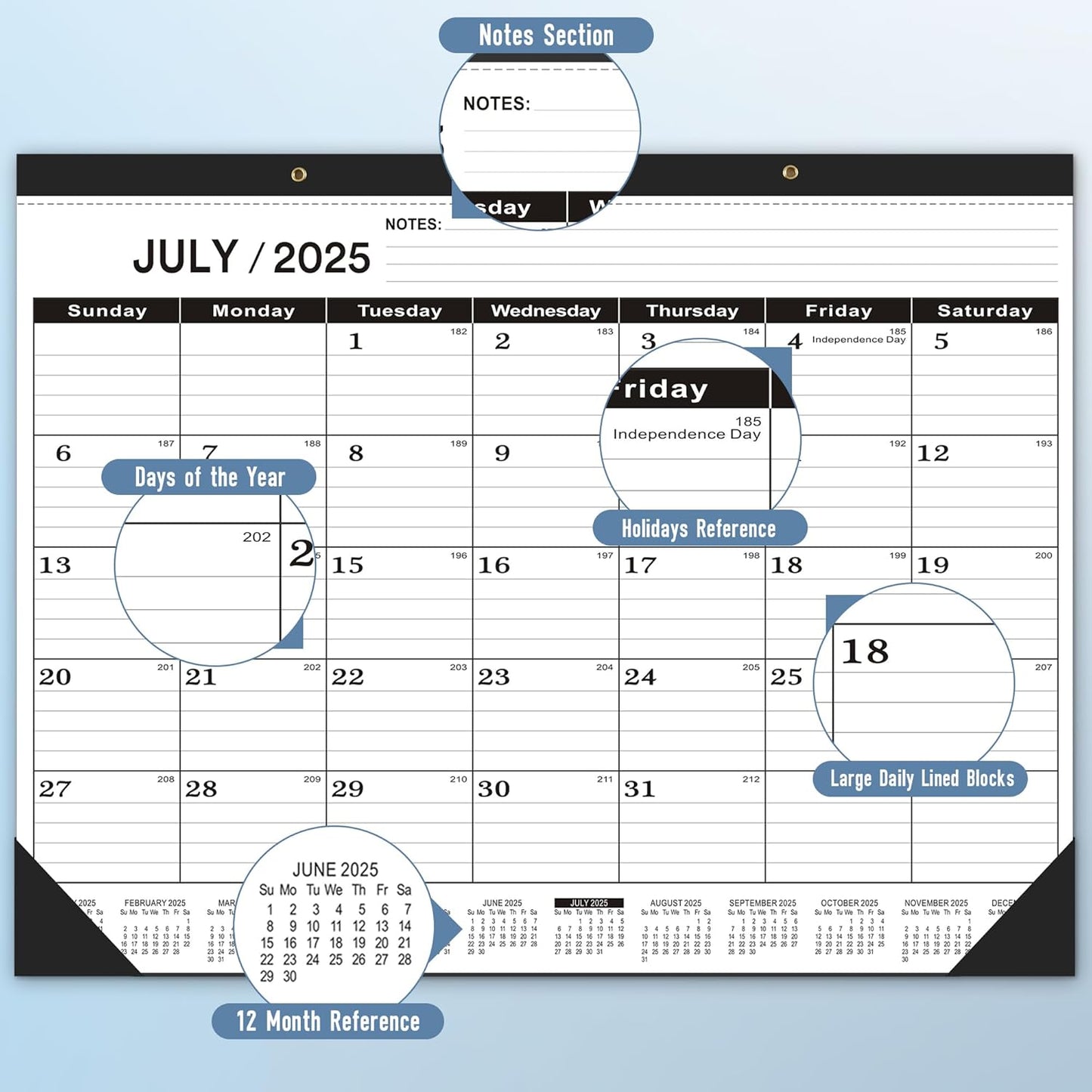 Desk Calendar 2025-2026,July 2025 to December 2026,Desk calendar 2025-2026 Large 22x17, Classroom Calendar 2026 with PVC Cover,Round Holes& NOTES List (Black),18 Months Calender 2026