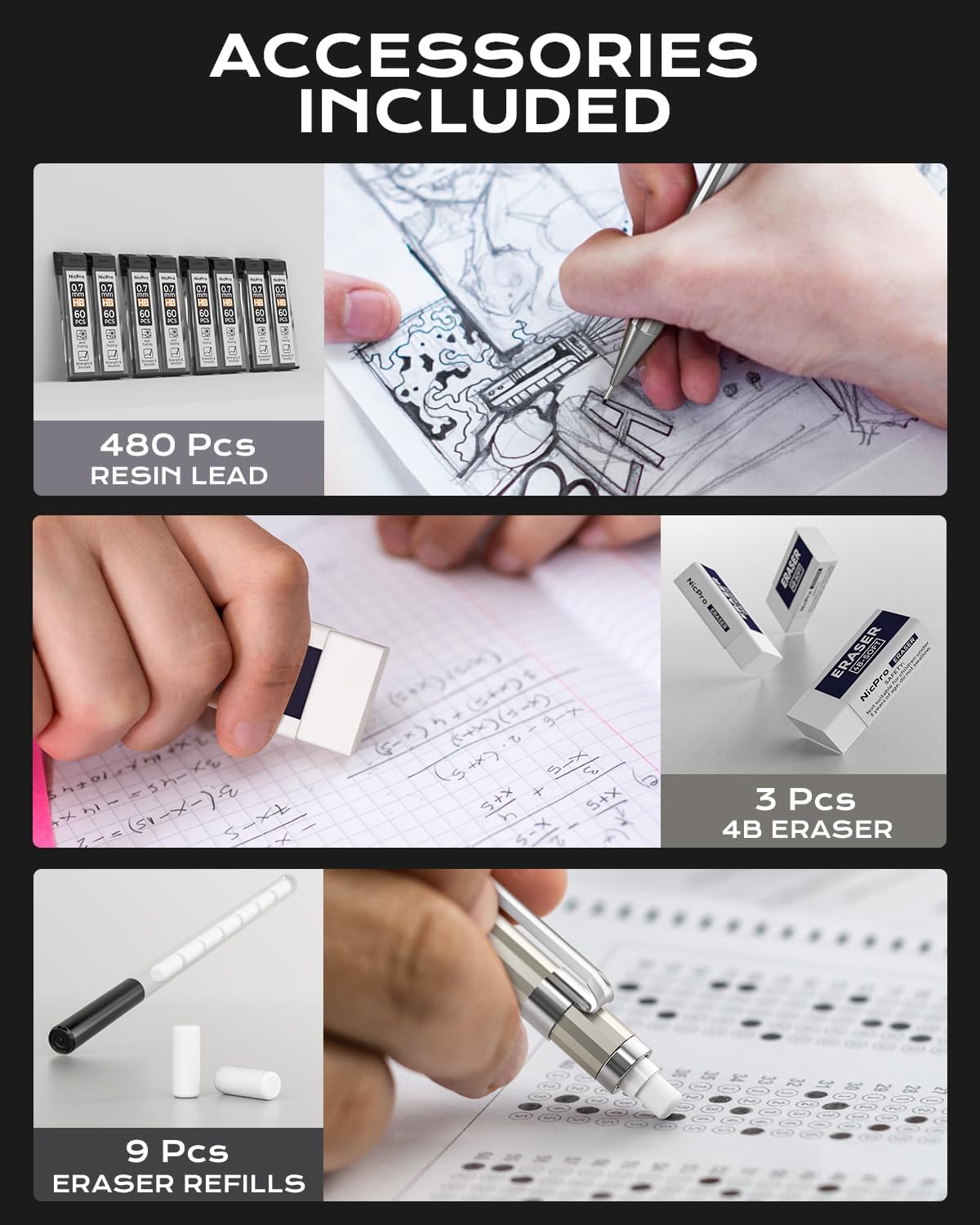 Nicpro 4 Pack Mechanical Pencil 0.7mm with Case, MB1000 Metal Mechanical Pencil Set with 8 Tube HB #2 Lead Refill 0.7 mm, 3PCS 4B Eraser, 9 Cap Eraser for Artist Drafting Writing, Sketching, Drawing