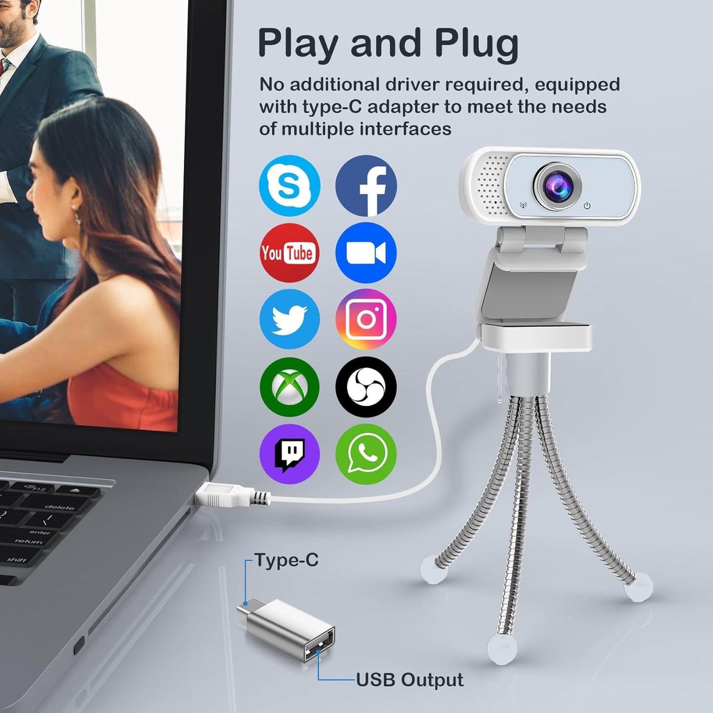 1080p White Webcam with Microphone, USB Web Camera 110-Degree View Angle Computer Camera,Webcam Tripod/Privacy Cover/USB C Adapter Include,Plug and Play Web Cam for Video Conferencing Streaming