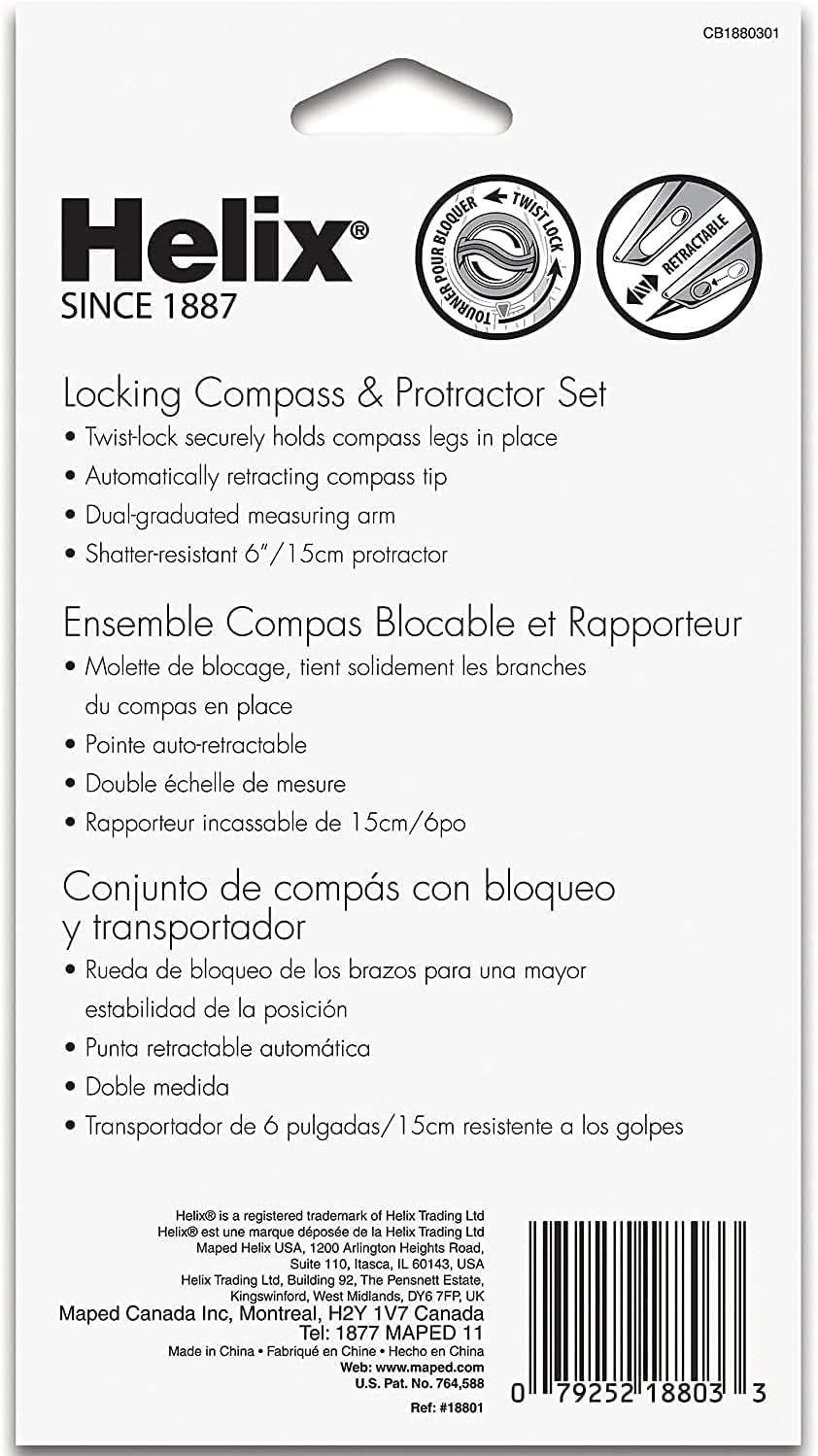 Helix - Plastic Locking Compass and Protractor - 2 Piece Set - Geometry, Drafting & Drawing
