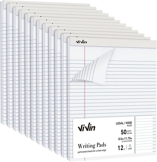 ViVin Legal Pads 8.5 x 11 Inch, Wide Ruled Note Pads, 12 Pack, 50 Sheet/Pad, Perforated Writing Pads, Notepads for Office Home School, 600 Sheets, White Paper