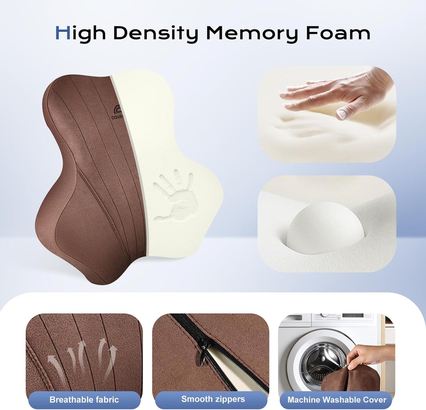 Coverado Car Lumbar Support Pillow and Car Neck Pillow Kit, Ergonomic Design Car Headrest Pillow for Driving, Relax Back Head Muscles Relieve Driving Fatigue, Breathable & Removable Cover, Coffee