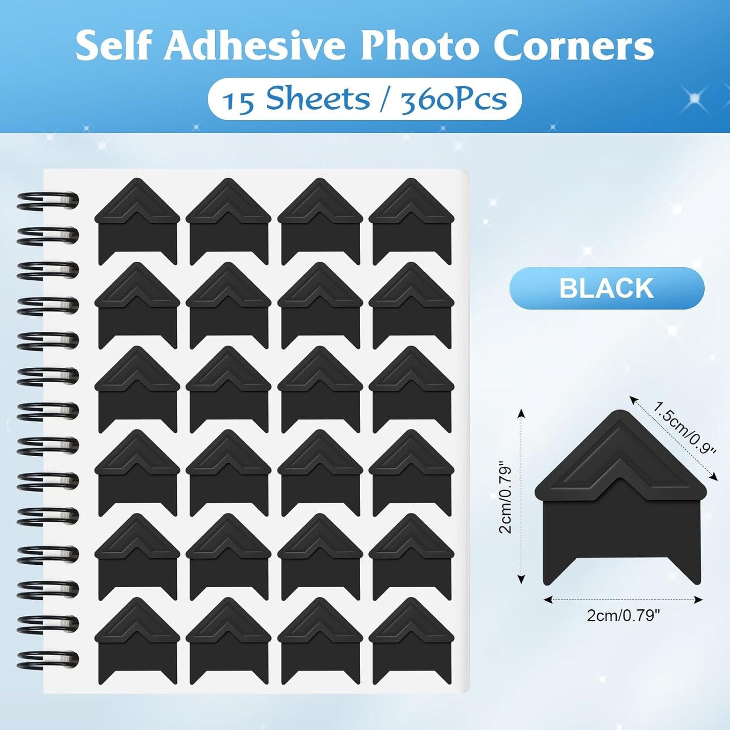 GOONAVI 15 Sheets 360 PCS Black Acid-Free Photo Corners Notebook, Self-Adhesive Photo Corners for DIY Photo Album Journal, Photo Corner Stickers for Trip Journal Memory Book