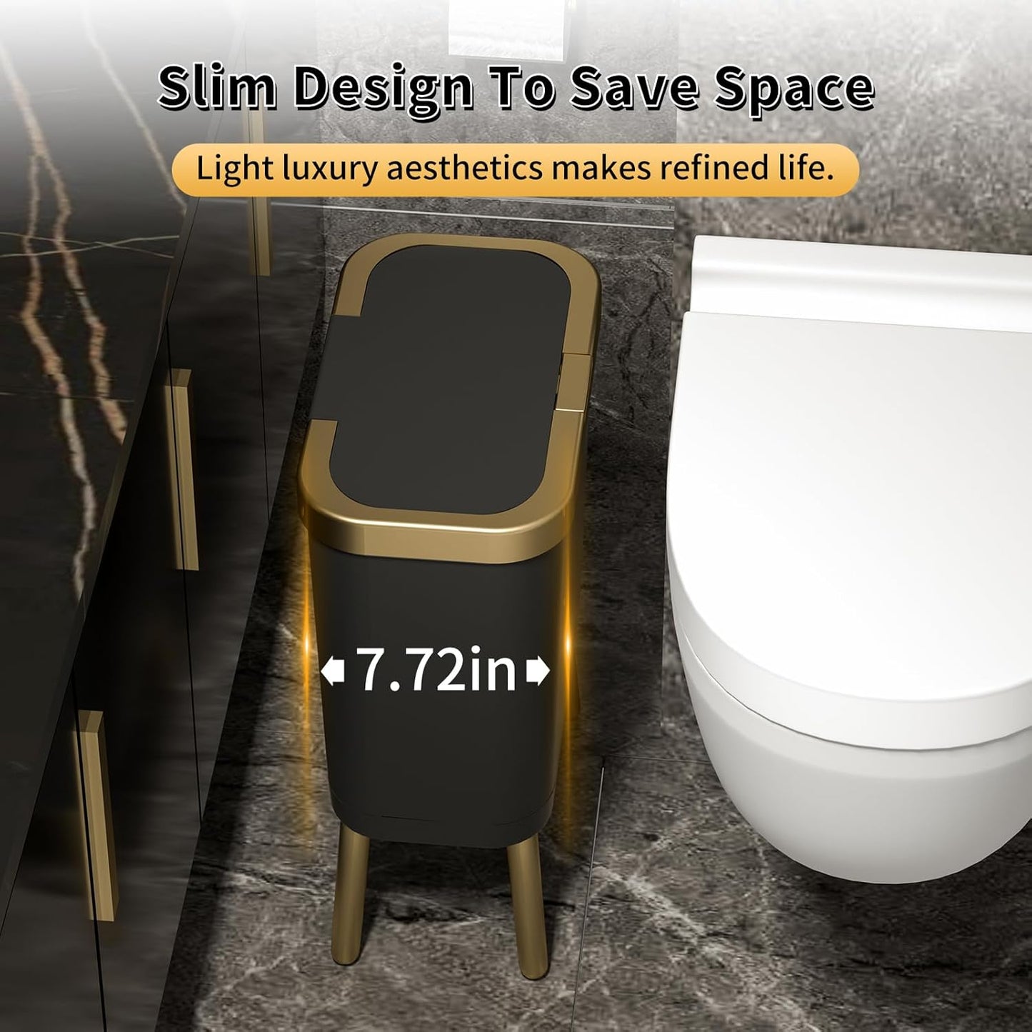 Procade 2Pack Office Trash Can with Lid, 4 Gallon Gold Trash Can Bathroom, Black Garbage Can with Push Button, Narrow Garbage Bin Waste Basket for Bedroom, Kitchen, Toilet