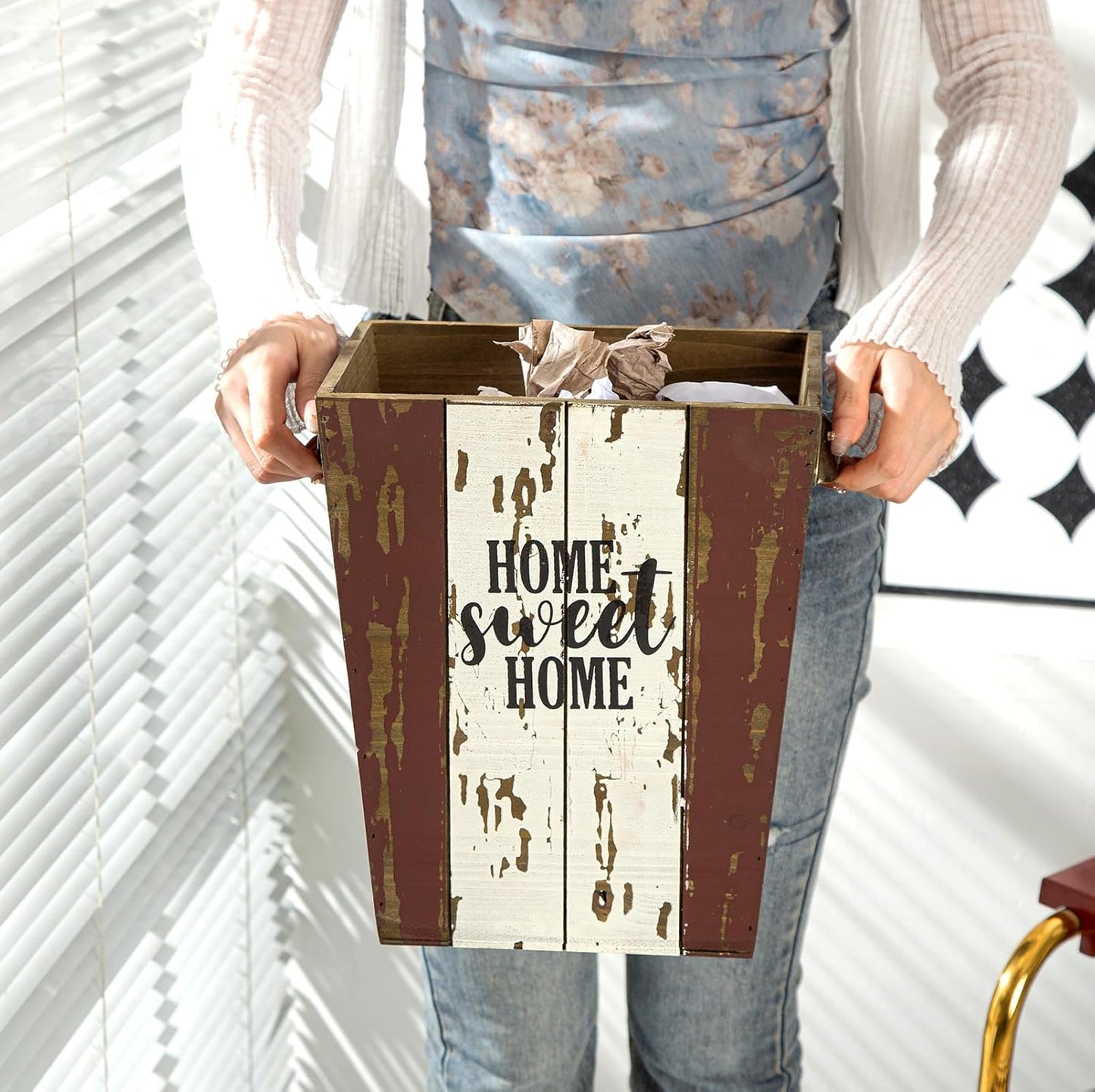 Small Wood Trash Can Wastebasket, Farmhouse Rectangular Garbage Can Waste Basket, Rustic Distressed Wooden Trash Recycling Bin with Metal Handles, Home Sweet Home Wood Storage Basket (Distressed)