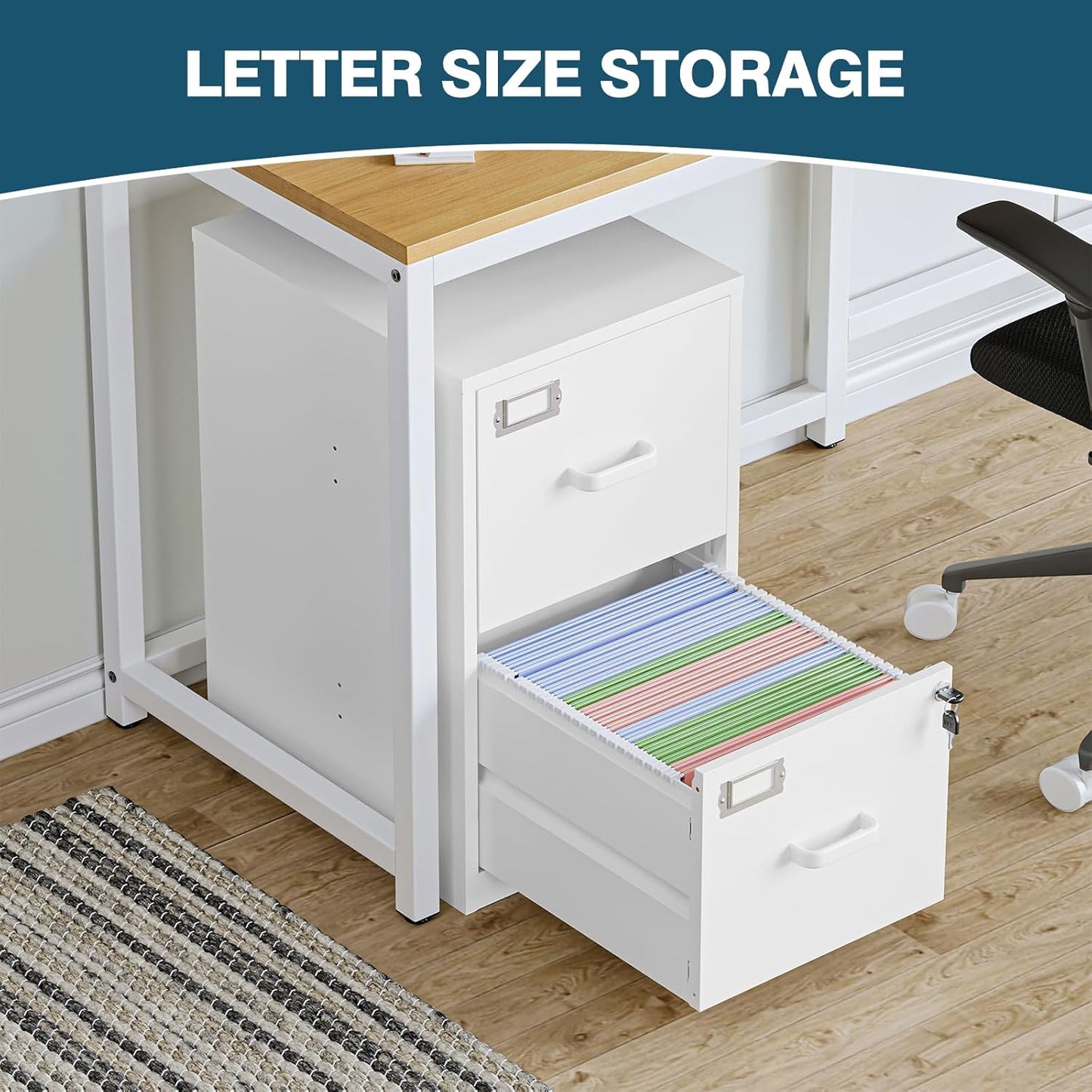 MIIIKO 2 Drawer Filing Cabinet with Lock, Metal Vertical File Cabinets for Home Office, Lockable File Storage Cabinets Under Desk, Letter/A4 File Folders Storage（White-Assembly Required