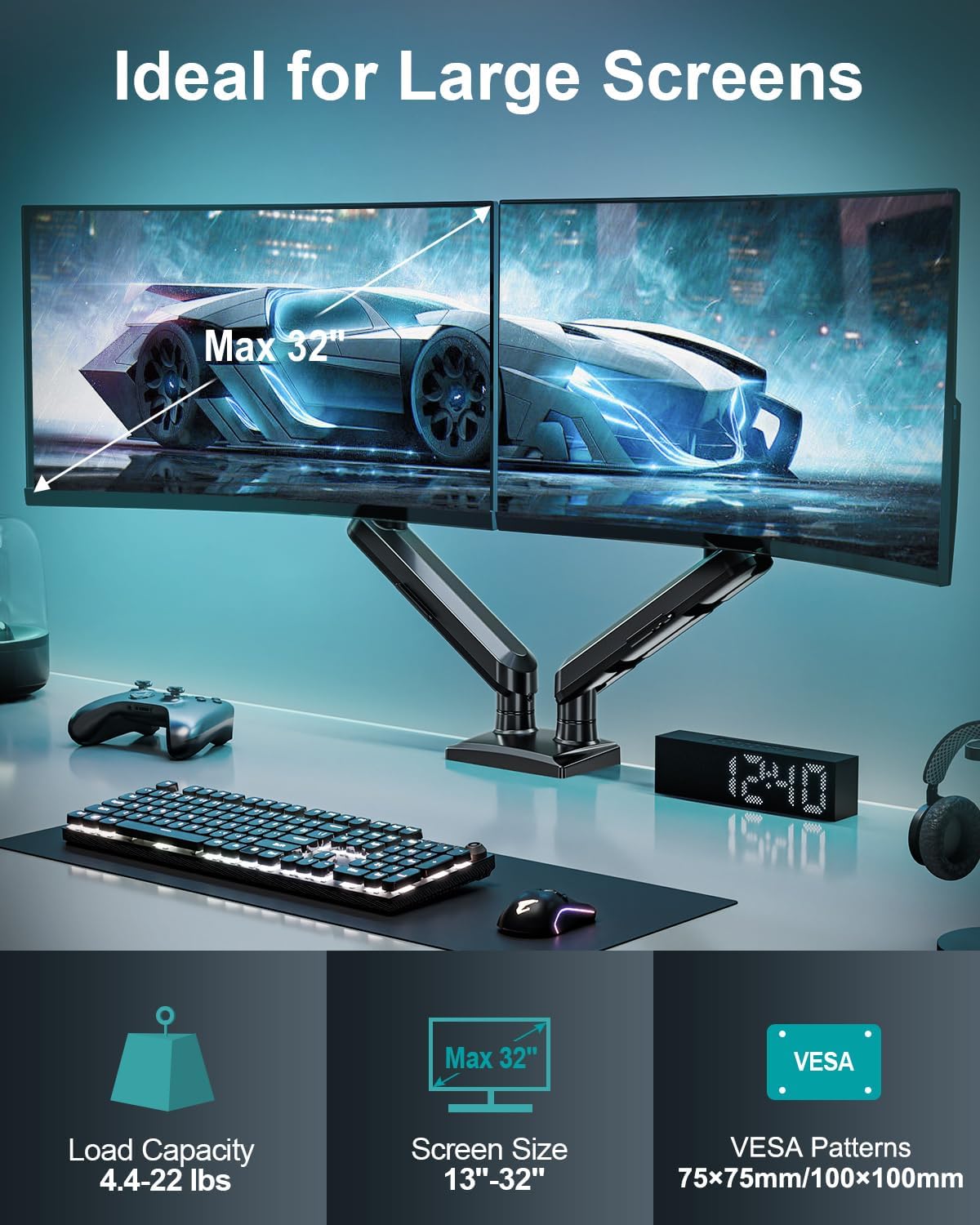 Dual Monitor Mount for 2 Monitors up to 32 inches, Height Adjustable Gas Spring Double Computer Stand, Two Display Desk Mount Holder, Each Monitor Arm Holds Max 22lbs, VESA Mount, Black, Freelift Pro