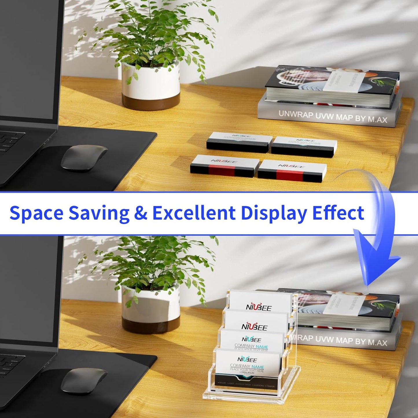 NIUBEE Clear Business Cards Holders 4 Tier Acrylic Card Holder for Business Cards, 4 Slots Business Card Display for Desk Counter, 300 Card Capacity, 1 Pack