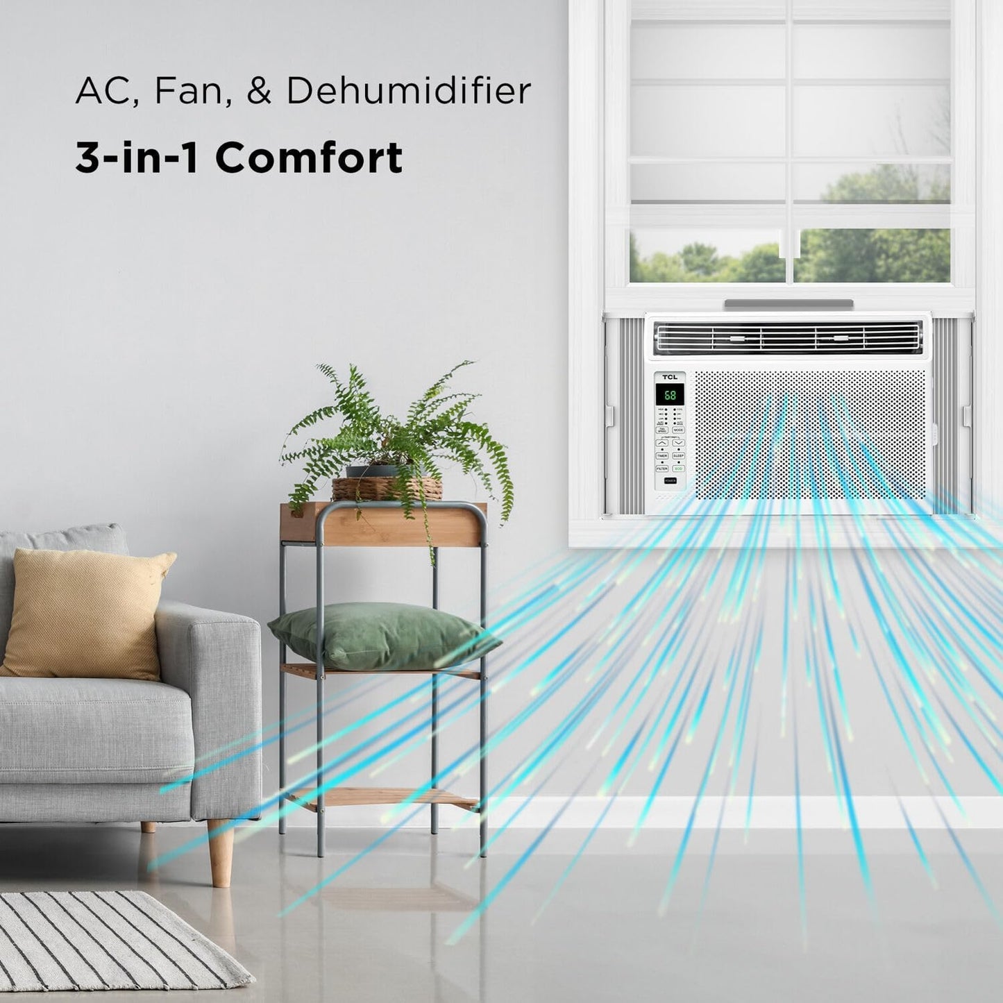 TCL H6W23W 6,000, 115V, AC for Rooms Unit 6000 BTU Window Air Conditioner, Fan & Dehumidifier, 250 Sq. Ft, Remote Control, Easy-to-Use, Reusable Filter, White