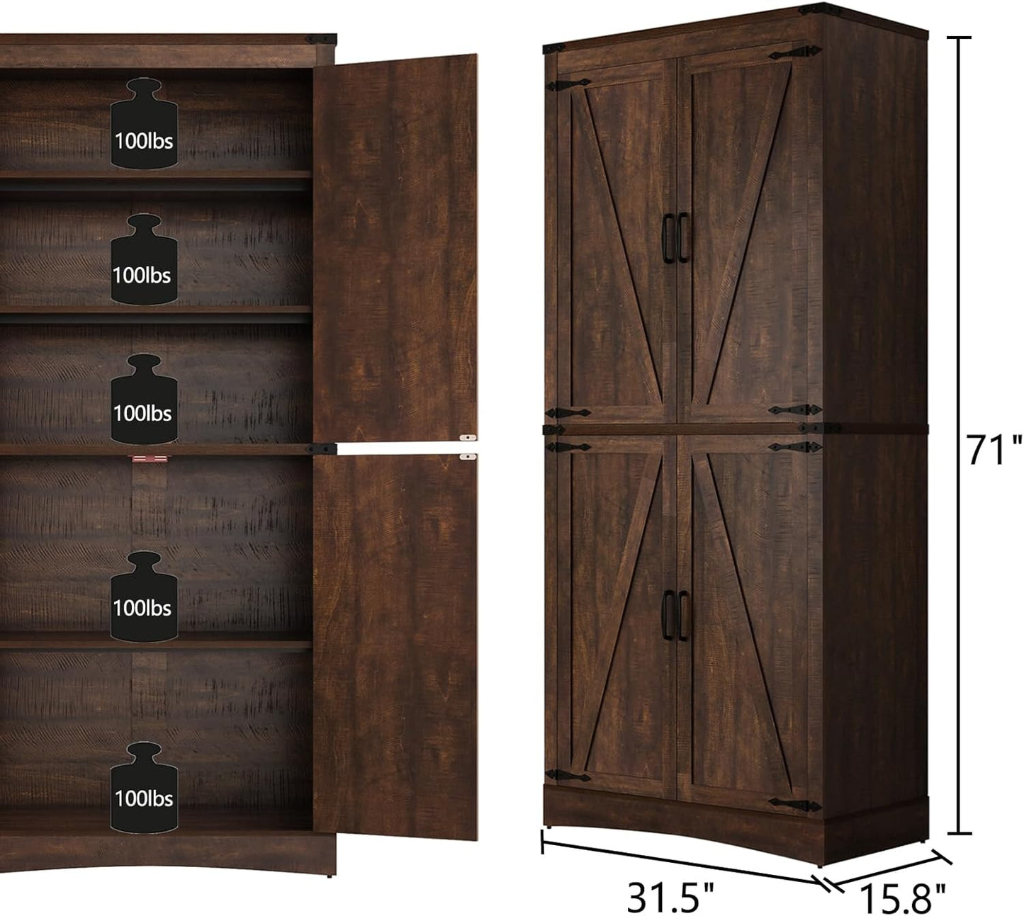 71in Farmhouse Kitchen Pantry Cabinet,Tall Storage Cabinet with 4 Doors and Adjustable shelves,with Load-Bearing Steel Pipe,Wood Storage Cabinets for Kitchen,Dining Room,Bathroom(Brown)