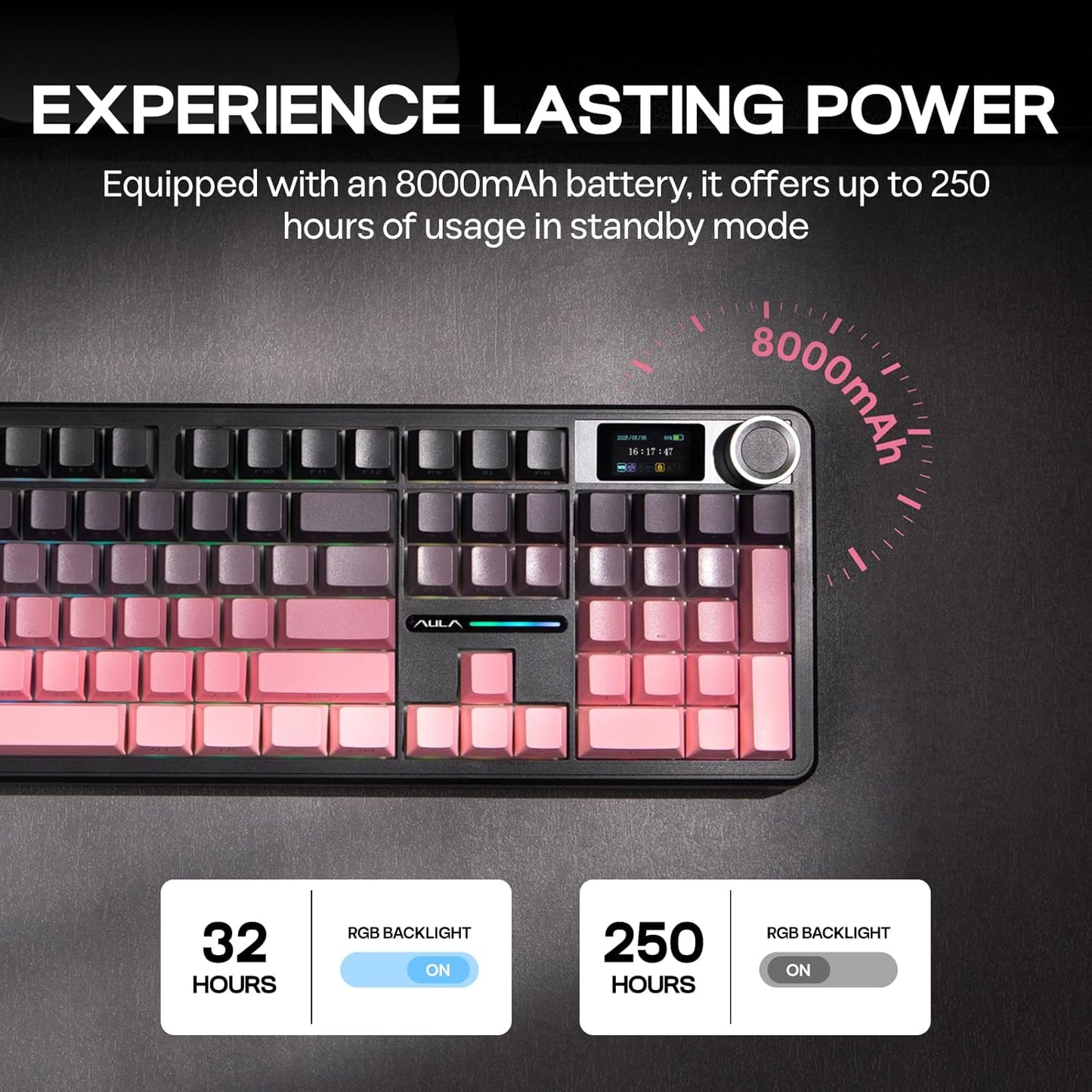 EPOMAKER X Aula F108 PRO Wireless Gaming Keyboard with Screen, 8000mAh Battery, 104 Hot-Swappable and Programmable Keys and Knob, RGB Backlight, for Mac/PC/Android (Pink Gradient)