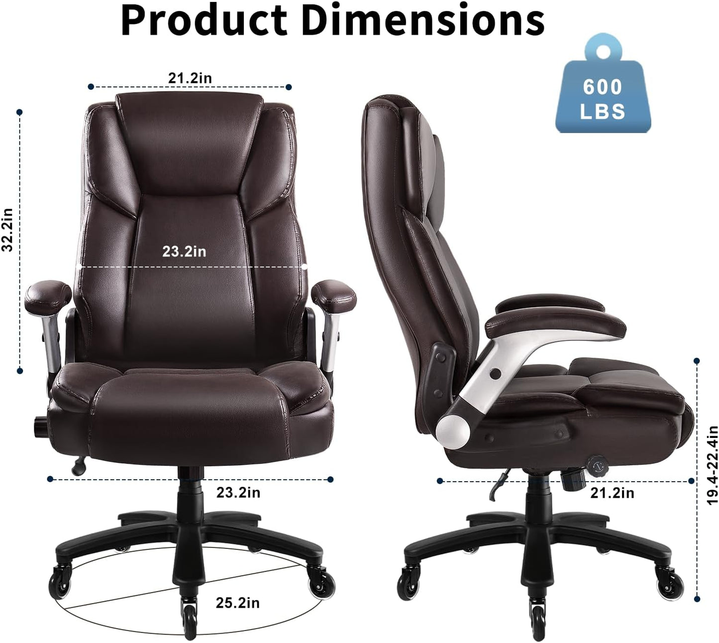 Big and Tall Office Chair 600lbs, Heavy Duty Executive Office Chair for Heavy People, Brown High Back Office Leather Ergonomic Chair with Adjustable Armrests and Lumbar Support for Computer Desk Chair
