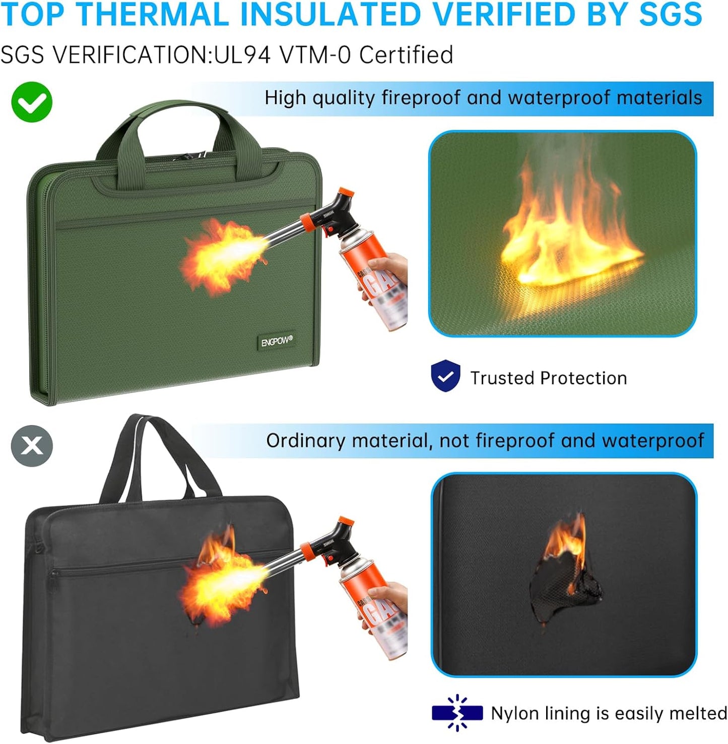 ENGPOW Accordion File Organizer,Fireproof Expanding File Folder with Multi Pockets,13 Pockets Document Organizer with Handle & Labels,Portable Home Travel Safe Storage for Letter A4 Files,Green