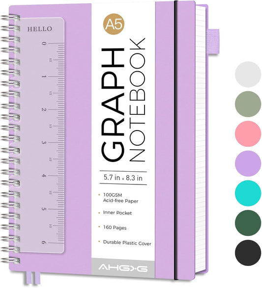 AHGXG Graph Paper Notebook - Spiral Notebook Journal 160 Pages, A5 Graph Notebook 5.7" x 8.3", 100 gsm Thick Grid Paper, Waterproof Plastic Cover, for School Writing Engineering Math, Purple