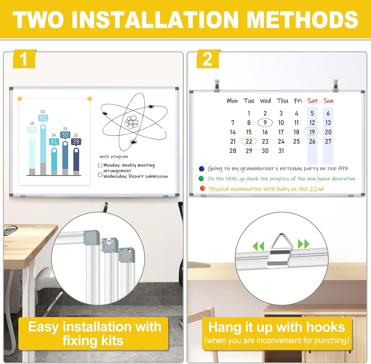 H-Qprobd Magnetic Dry Erase White Board, Dry Erase Board for Wall 48" X 36" Aluminum Frame, Hanging Whiteboard for Home, School, Office, Kitchen