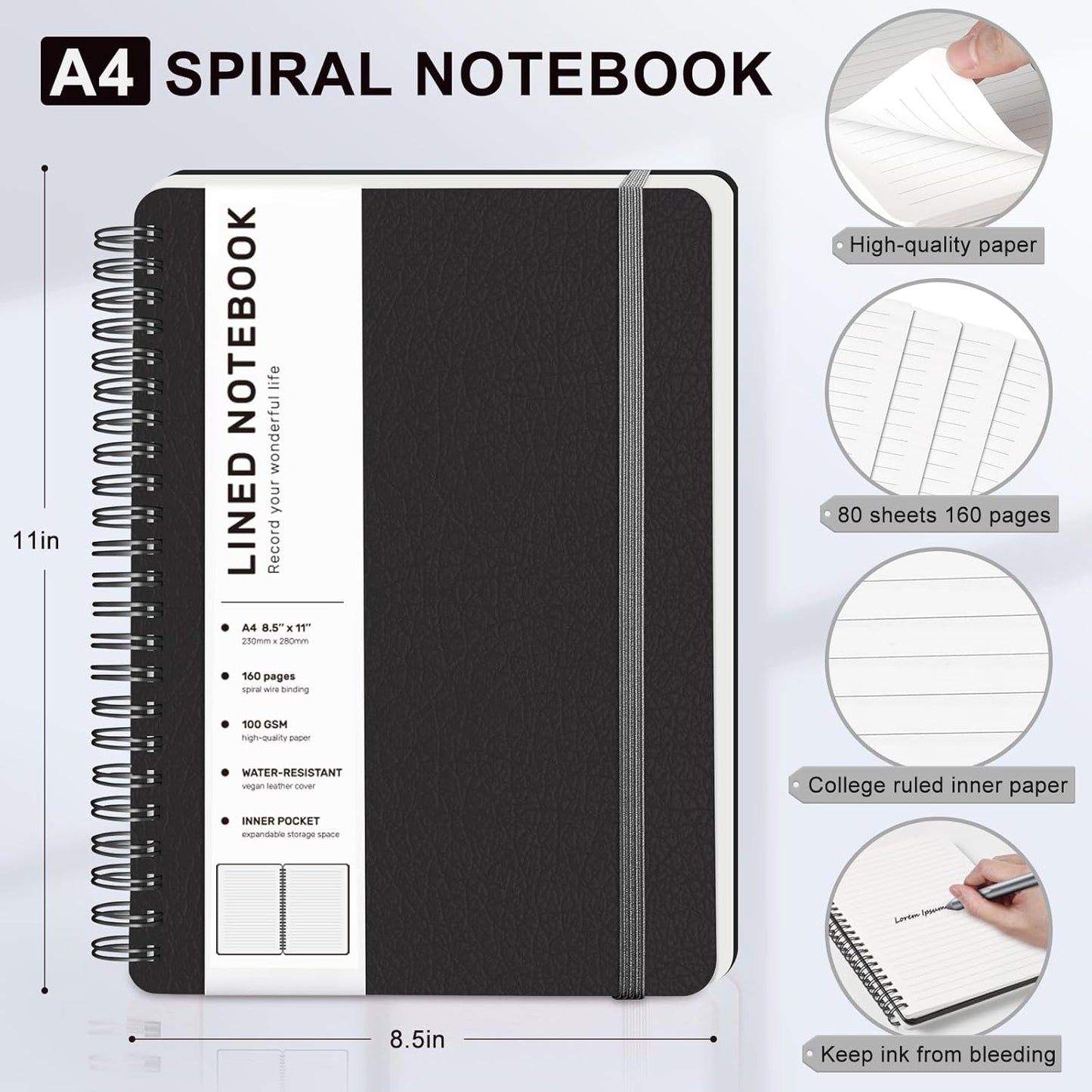 Lined Spiral Journal Notebook, A4 Hardcover Leather Notebook for Work, 8.5''×11'', 100GSM Thick Paper Spiral Bound Journaling Notebooks for Women & Men Office School Note Taking Business, Black