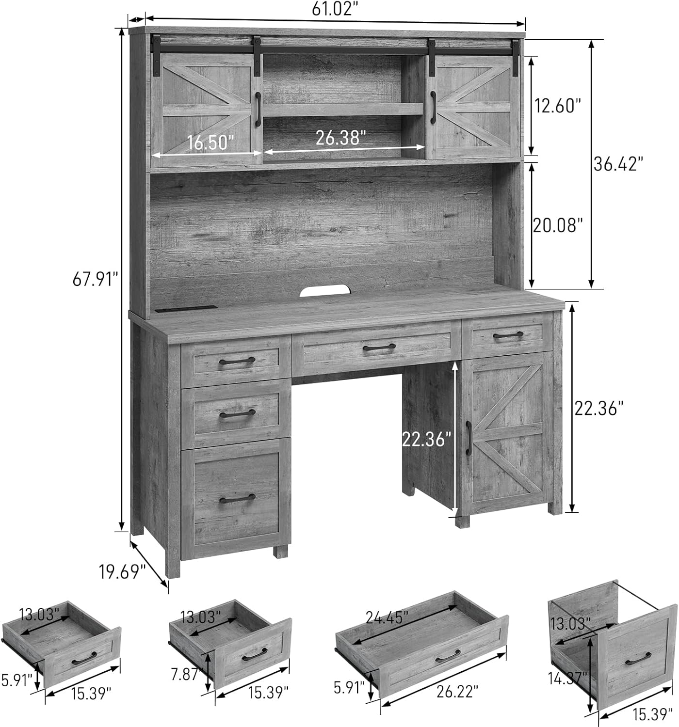 Farmhouse 67''H Executive Desk with Hutch & 5 Drawers, Rustic Office Desks Computer Desks with Charging Station, File Drawers and Storage Cabinets, Wood Workspace for Home Office & Study.（Grey）.