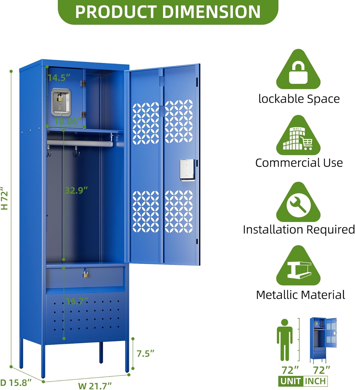 Locking Metal Locker with Hanging Rod,1 Door Metal Storage Locker for Gym,Basketball Gym,Gymnasiums,Utility Room,Assembly Required,Blue